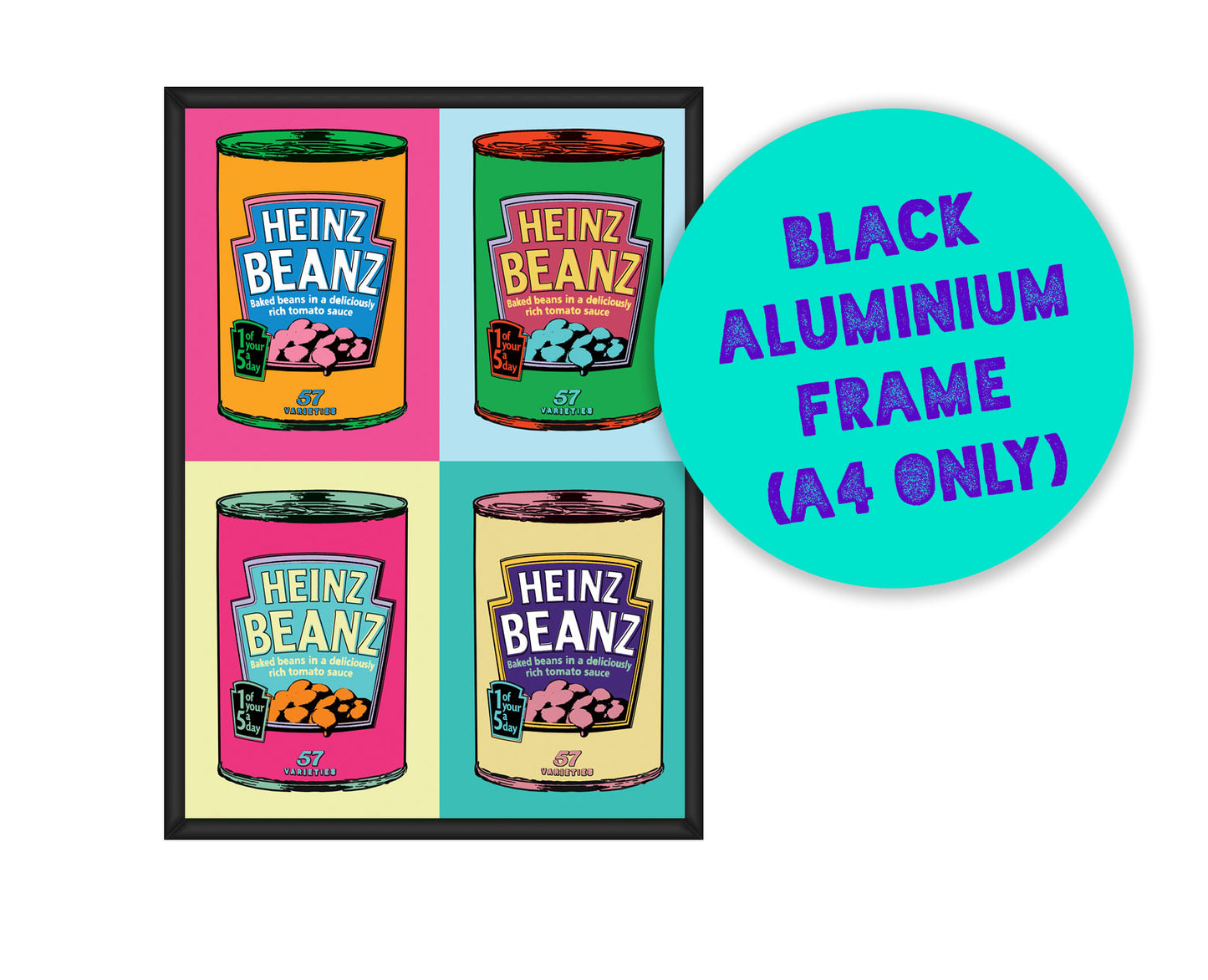 Warhol style Baked Beans Pop Art Print in aluminium Frame