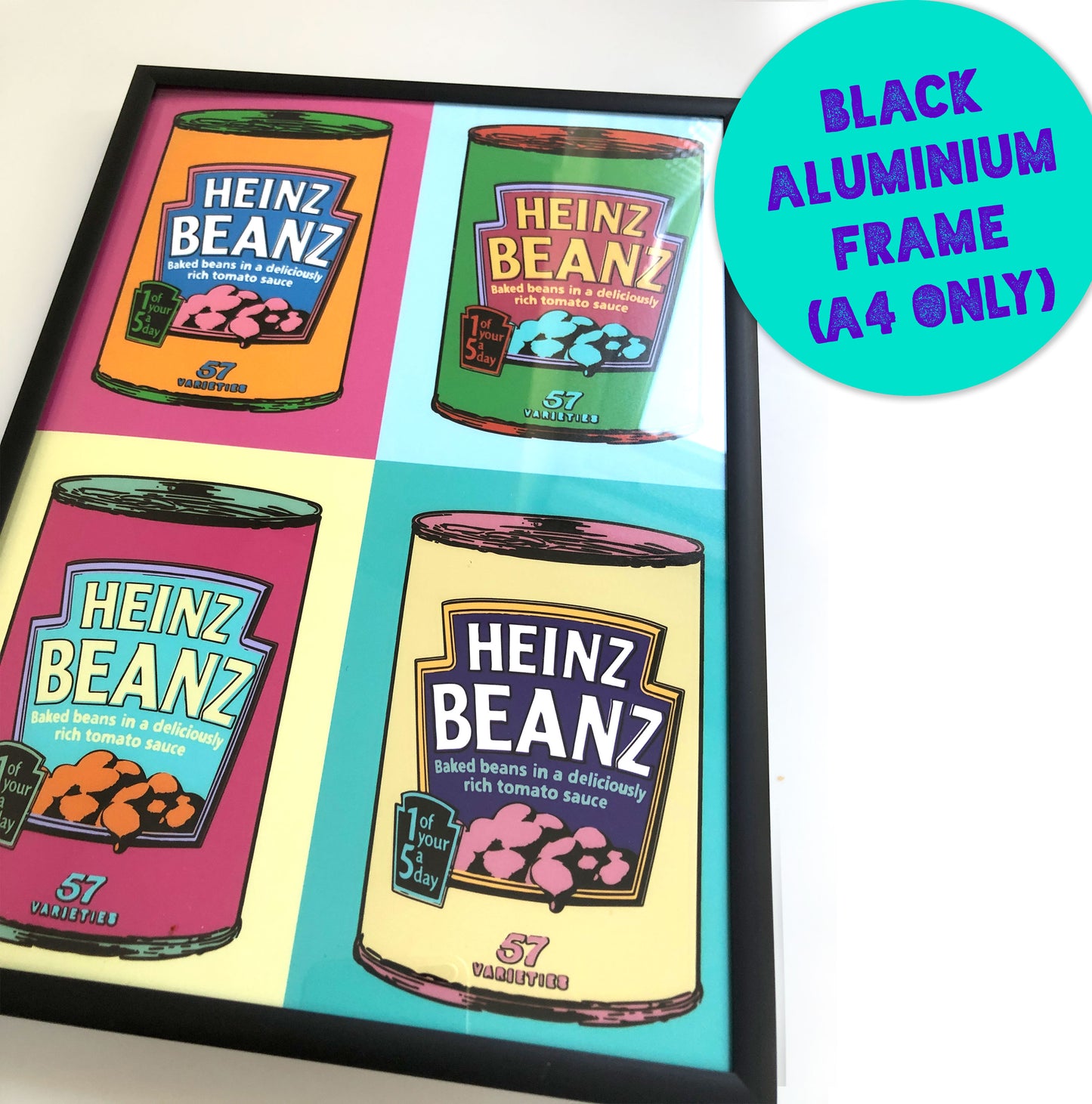 Warhol style Baked Beans Pop Art Print in aluminium Frame