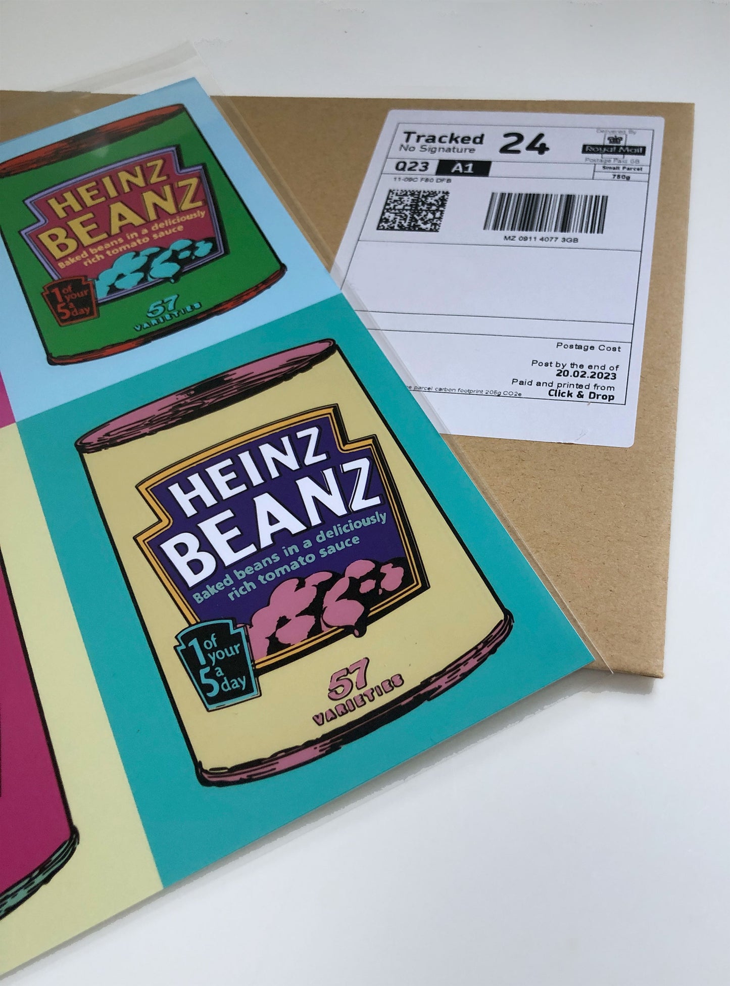 Warhol style Baked Beans Pop Art Print in cellophane ready to send to customer