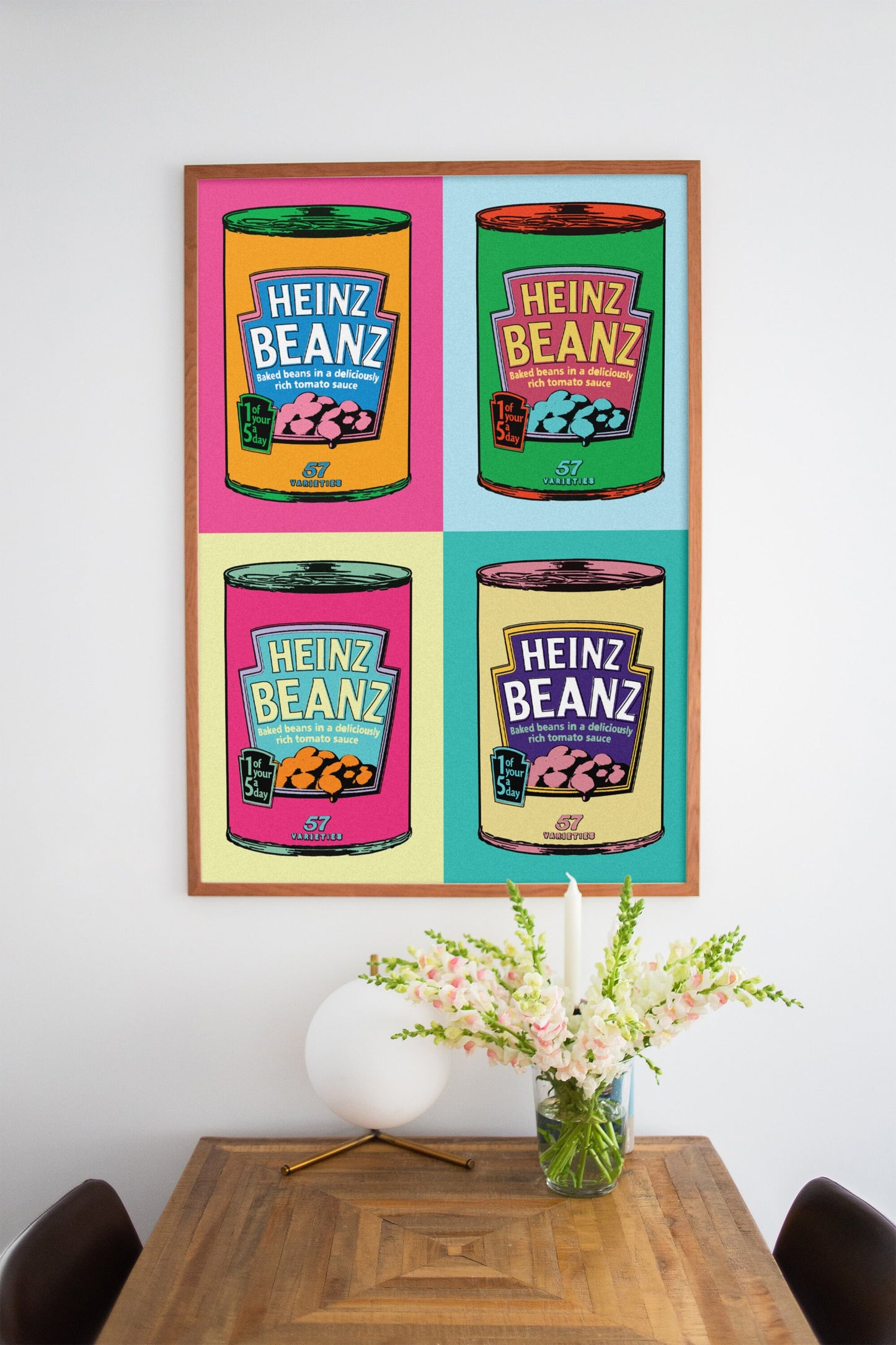 Warhol style Baked Beans Pop Art Print in Frame in dining room