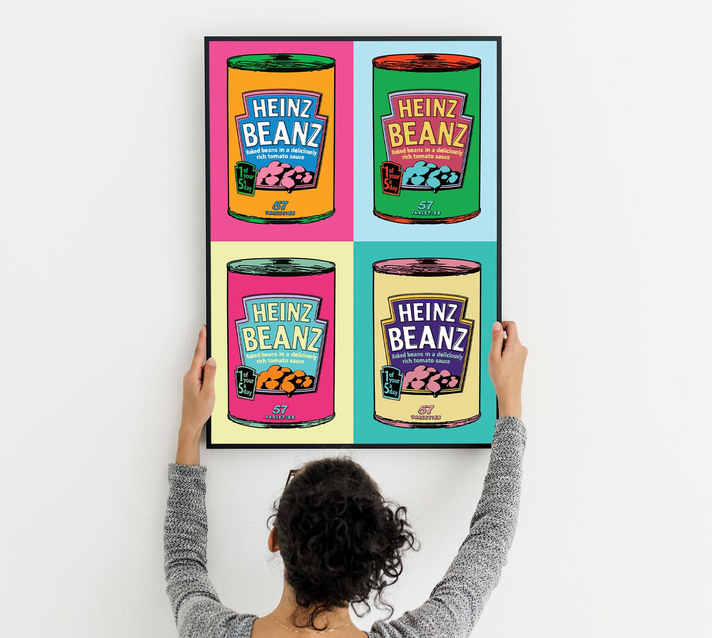 Warhol style Baked Beans Pop Art Print in Frame being hung