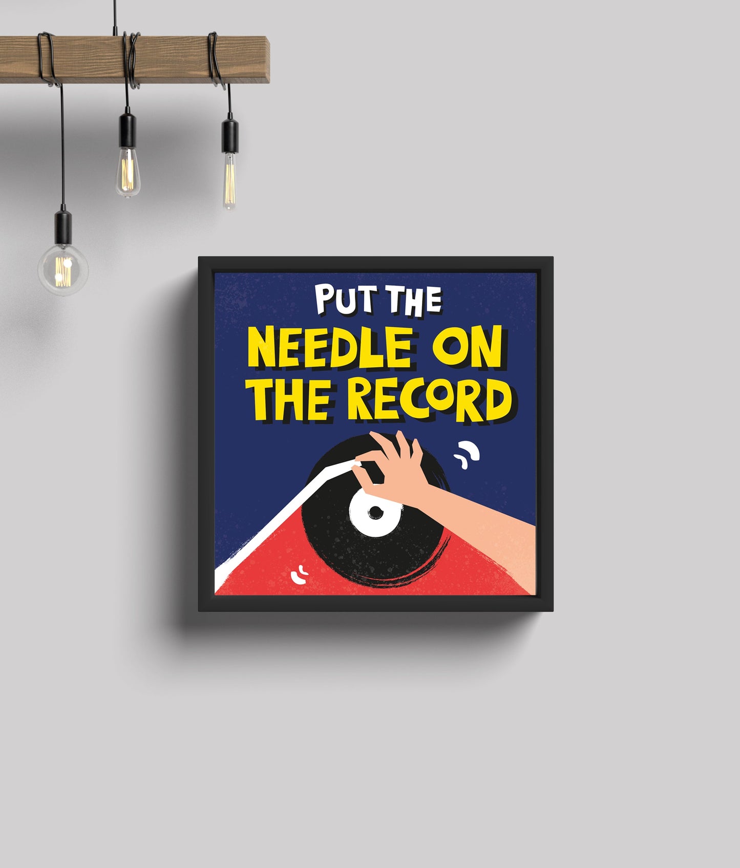 DJ artwork put the needle on the record in black frame