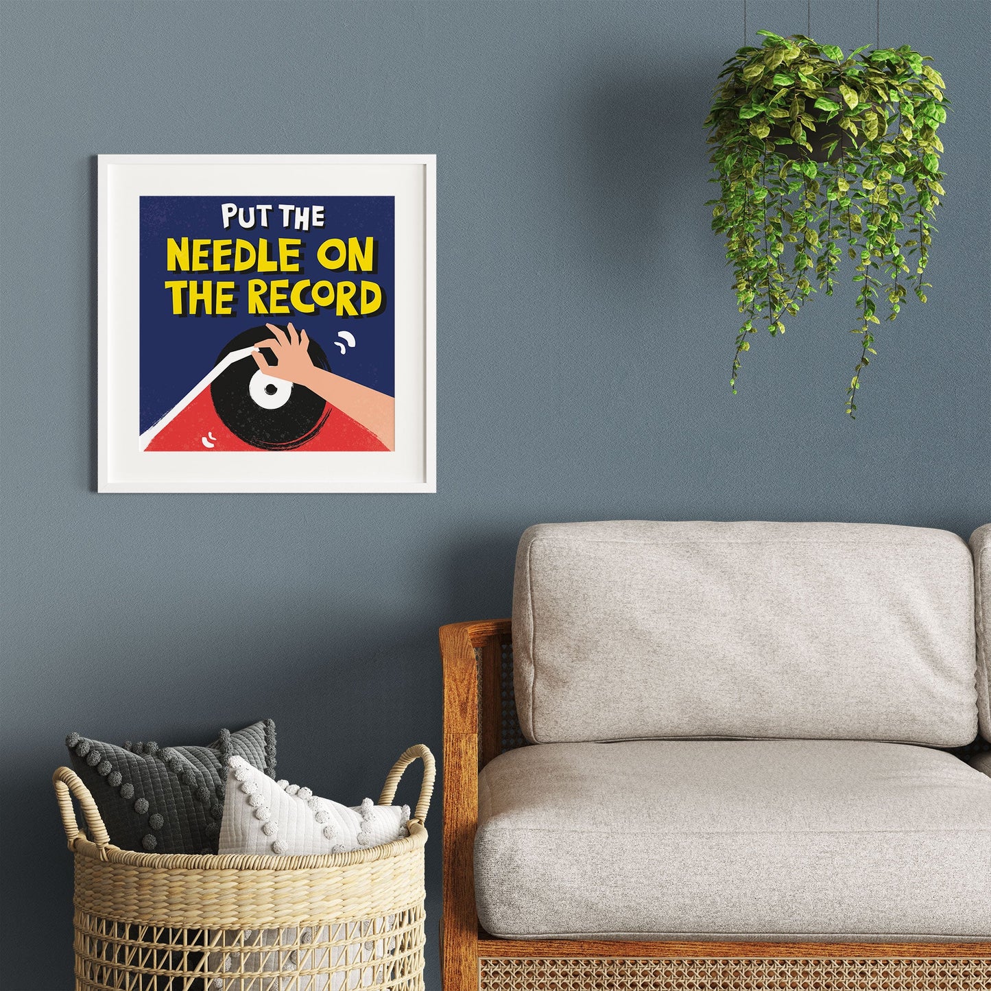 DJ artwork put the needle on the record in white frame with mount