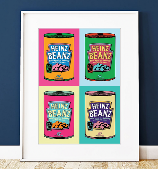 Warhol style Baked Beans Print in Frame against blue wall