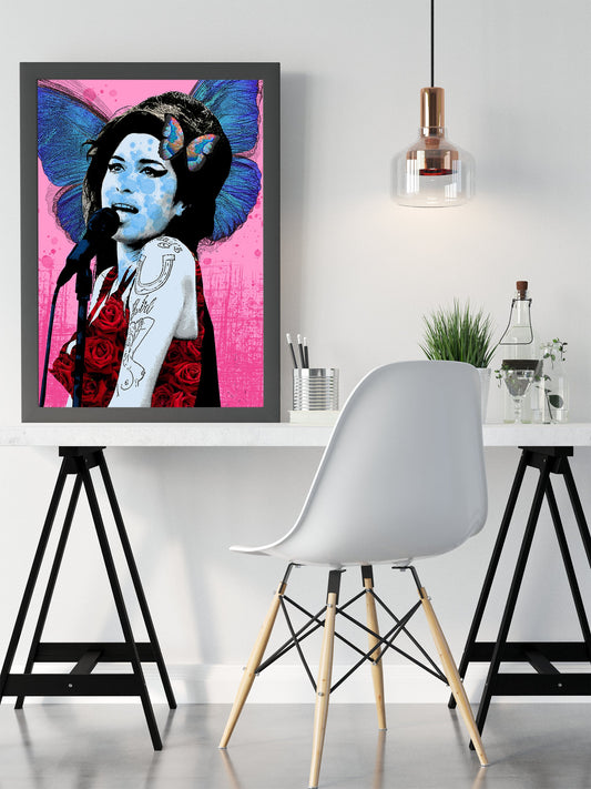 Amy Winehouse Pop Art Print in Frame in office