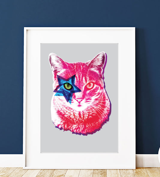 Warhol Cat Pop Art Print | Funky Star Cat Poster for Animal Lovers