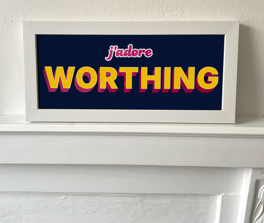 Seaside Coastal Typography Print | I love Worthing Art in a Panoramic Frame