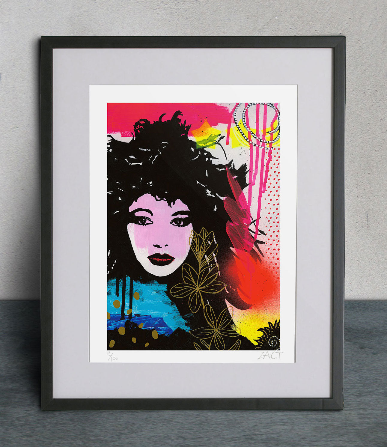 Kate Bush Pop Art Print Giclee in Frame against grey background