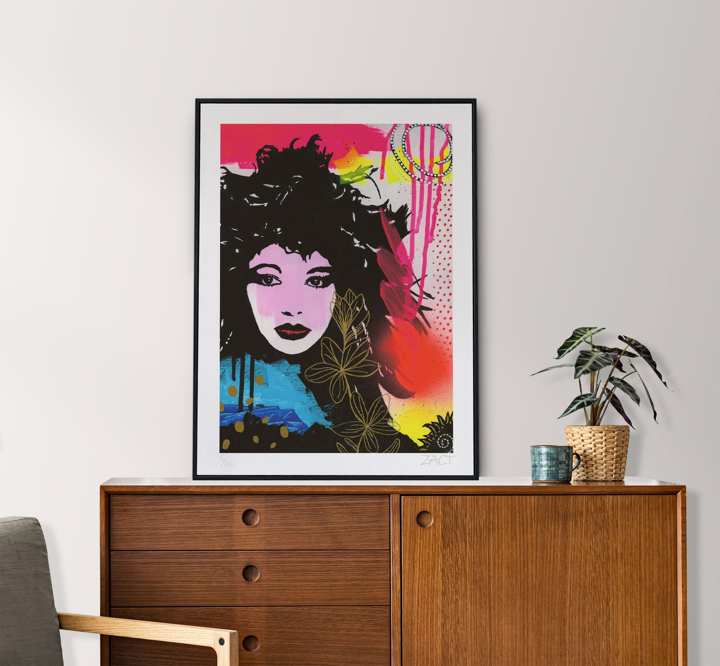 Kate Bush Pop Art Print Giclee in Frame on contemporary sideboard