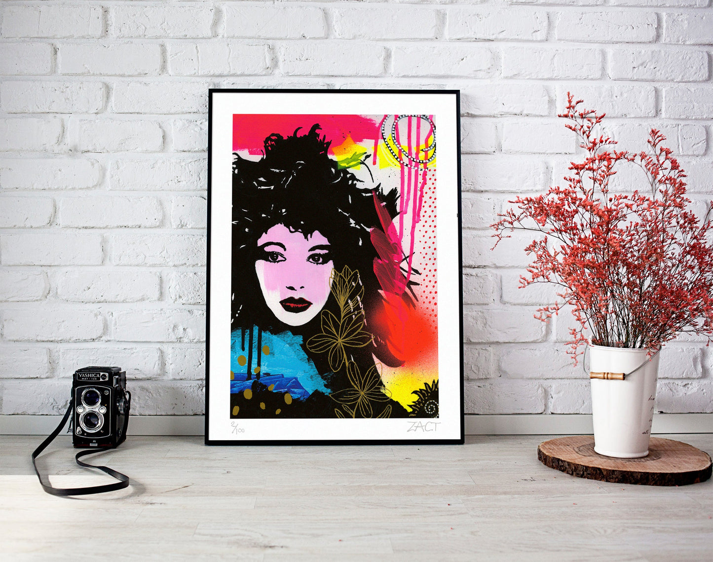 Kate Bush Pop Art Print Giclee in Frame against brick wall contemporary