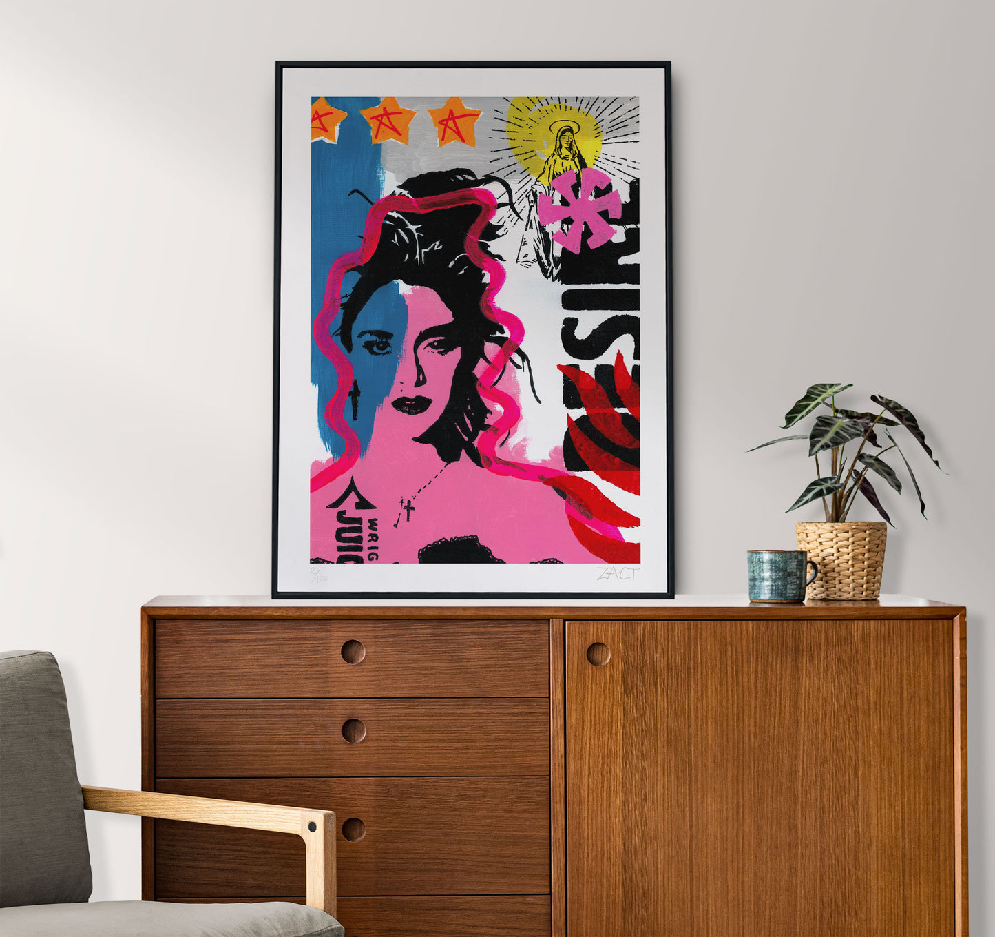 Madonna Giclee Pop Art Print in frame on contemporary sideboard