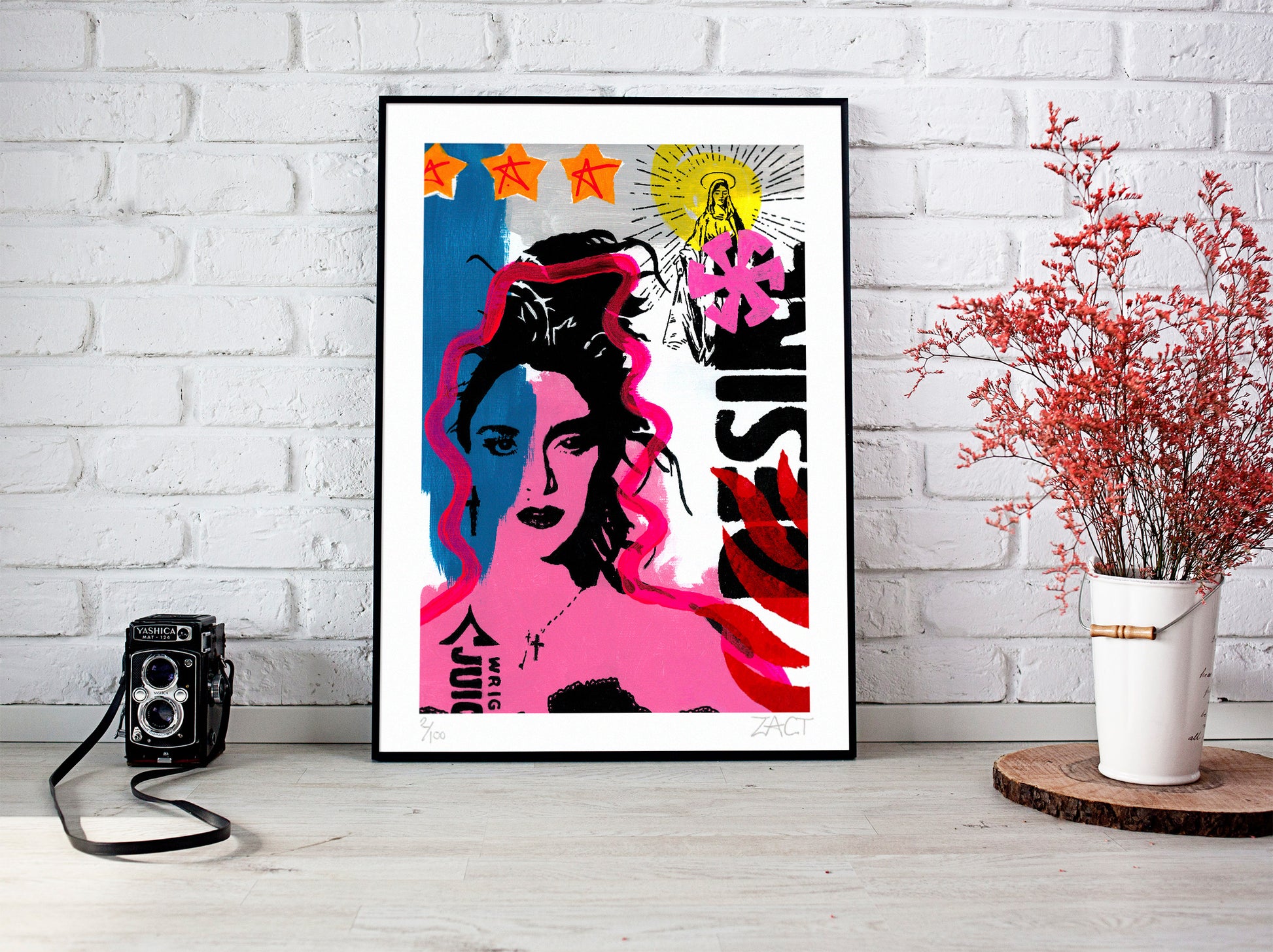 Madonna Giclee Pop Art Print in frame against brick wall contemporary